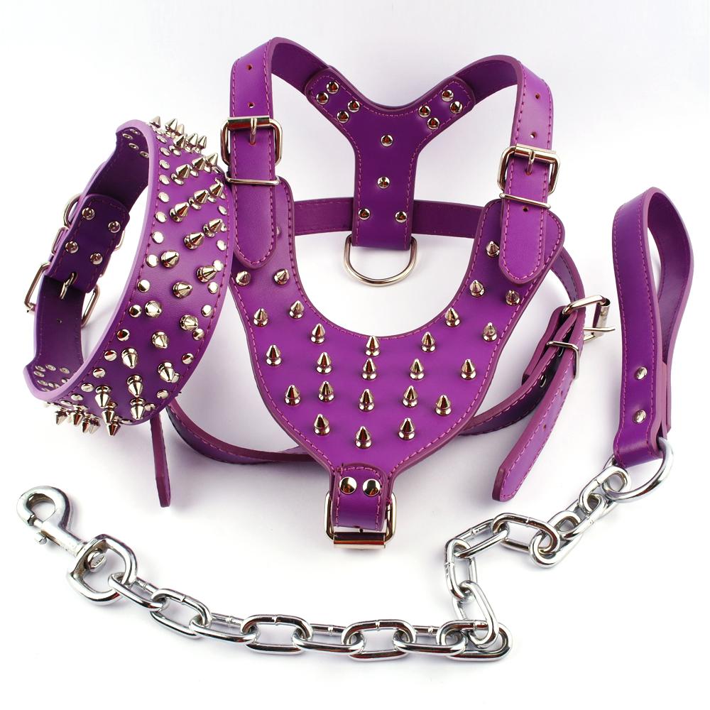 Purple Spiked Studded Leather Dog Harness Collar and Leash Set For Meduim Large Breeds Pitbull