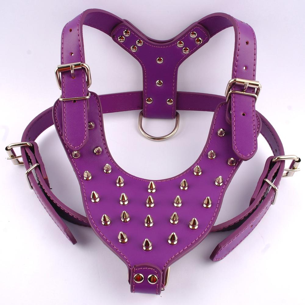 Purple Spiked Studded Leather Dog Harness Collar and Leash Set For Meduim Large Breeds Pitbull